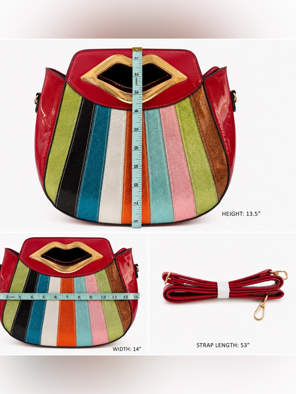Vintage Colorful Lip Handle Shoulder Bag Multicolor Glitter Stripe Patent - Picture 6 of 8